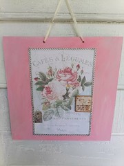 Shabby Chic Style Roses Sign Pink Floral Home Decor on Board Rustic by Jayne