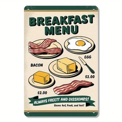 Vintage Breakfast Menu Bacon Egg Butter Graphic Metal Sign Diner Kitchen Decor