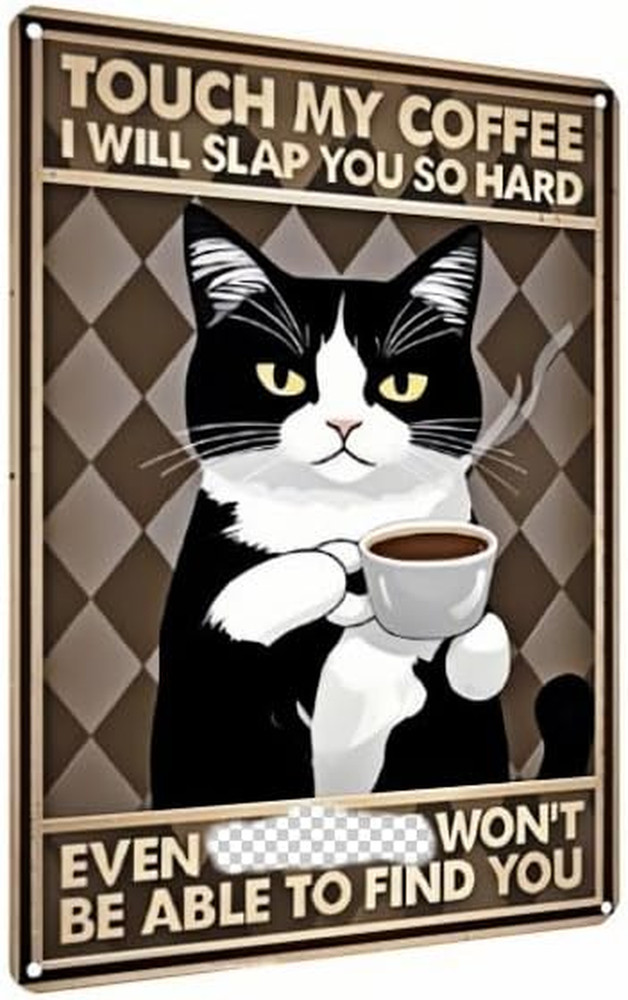 Vintage Coffee Bar Decor Sign – Black and White Cat Metal Wall Art with Humorous