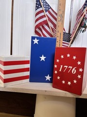 Patriotic Wood Block Set 3pc 1776 We People American Flag Decor hand made