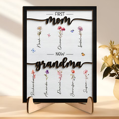 First Mom Now Grandma Family Personalized Custom 2Layered Wooden Sign With Stand