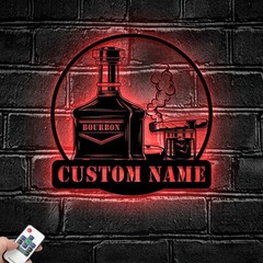 Personalized Bourbon Cigar Metal Sign With LED, Custom Whiskey Smoke Name Decor