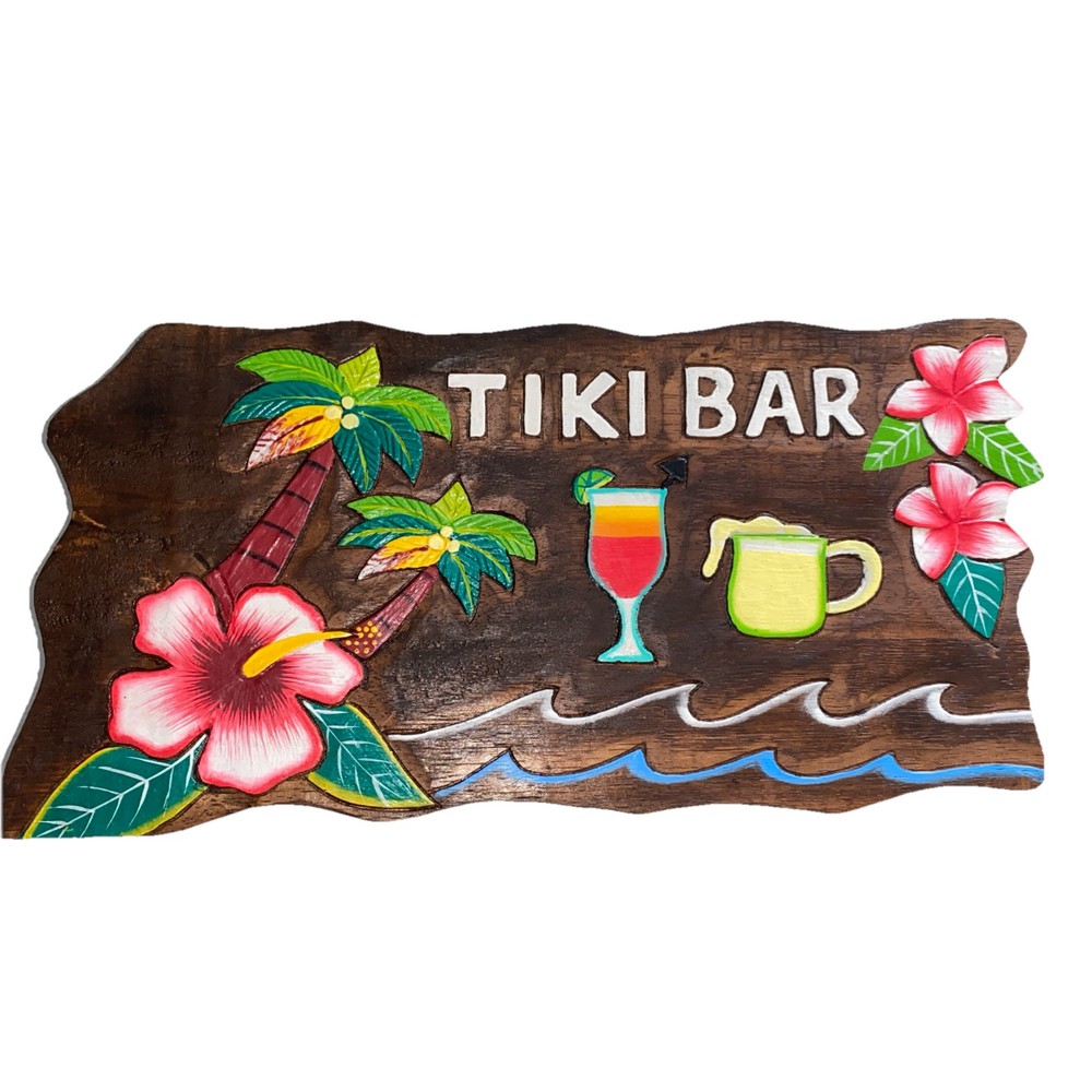 23” TIKI BAR SIGN PALM TREE & HIBISCUS FLOWERS WALL ART DECOR TROPICAL DECOR