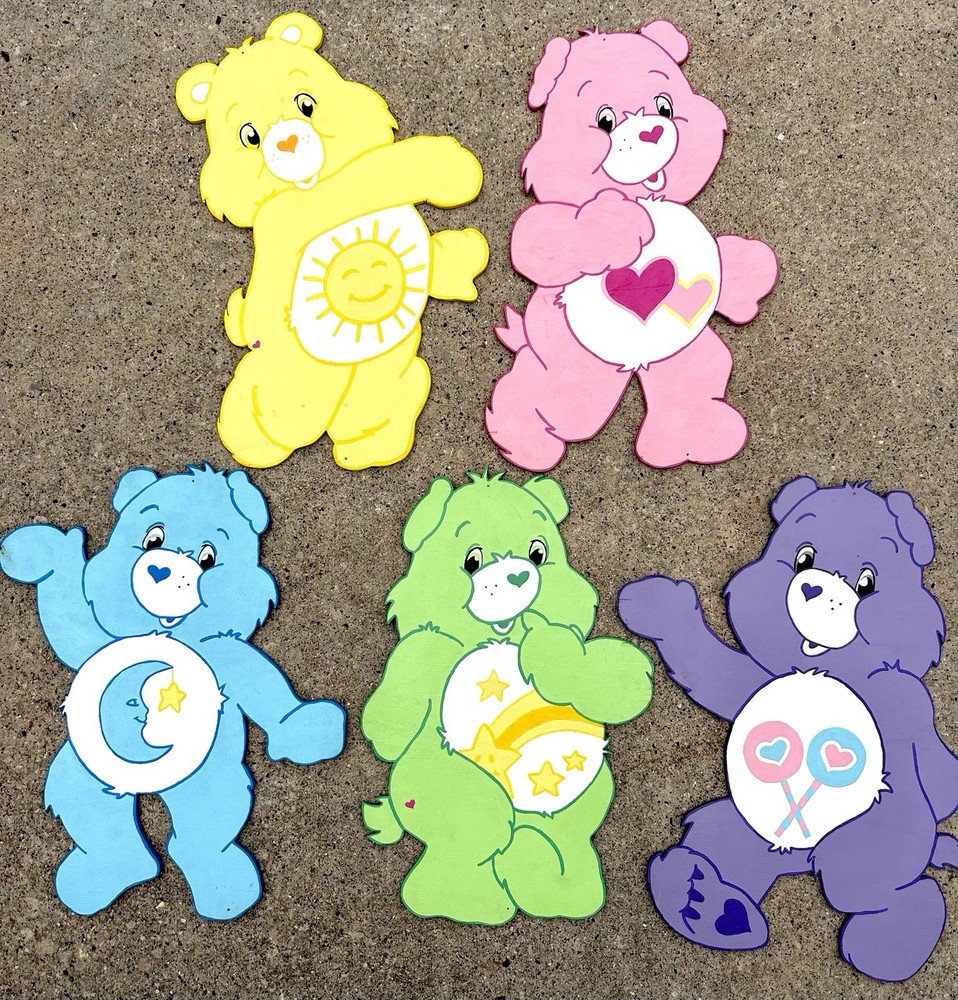 Vintage Set of 5 Handmade Care Bears Wood Cutouts Wall Decor Each 22” X 13”