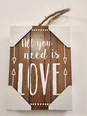NEW “All You Need is Love” Hanging Wooden Sign 8.5″ x 6.25″ Heart Arrows