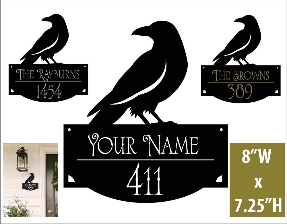 8″ Custom Crow Raven Acrylic Address Sign Plaque Black & Silver/Gold/White