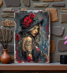 Gothic Tattoo Pinup Girl Metal Wall Sign 8×12 Red Rose Urban Grunge Decor