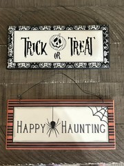 LOT OF 2 Halloween Signs HAPPY HAUNTING, TRICK OR TREAT Hanging Signs 8” X 3.5”