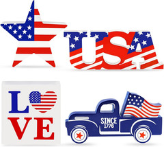 4Th Of July Decor Patriotic Decorations 4Pcs Wooden Star USA LOVE Car Sign New