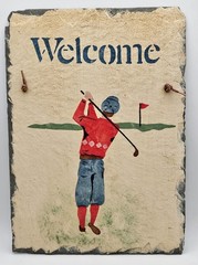 Vtg Hand Painted Golf Themed Slate Welcome Sign 14.25″ x 10″ Man Cave Golfer