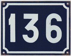 Large old blue French house number 136 door gate plate plaque enamel sign NOS