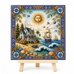 Coastal Cottage Tile 6×6 Ceramic Art Nautical Beach Scene w/ Mini Wood Easel