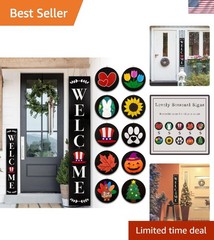 Welcome Sign for Front Porch Standing, Interchangeable Wooden Sign with 5 Des…