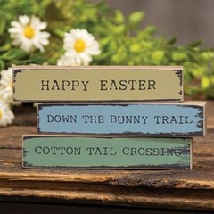 New PRIMITIVE EASTER Block Signs Stick 3 pcs 6″ W 1″ H Wood Painted Distressed