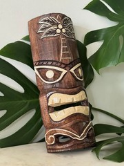 Hawaii Hand Made Carved Wooden 12″ Tiki Painted Mask Wall Decor Hanging Man Cave