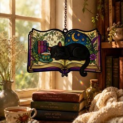 Black Cat & Moon Acrylic Suncatcher – Celestial Witchy Window Decor