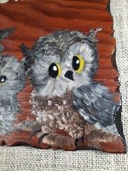 Vintage Hand Painted Cute Owls on Wood Plaque 9.25 x 7″ Wall Décor Art MCM