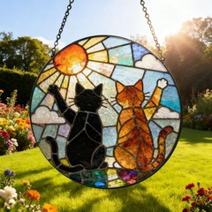 Charming Black Orange Cat Couple Garden Suncatcher Stained Glass