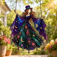 Witch Acrylic Suncatcher, Celestial Stained Glass Style Window Hanging