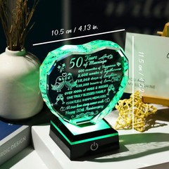 50th Wedding Anniversary Crystal Heart Keepsake K9 with Multicolor LED Base