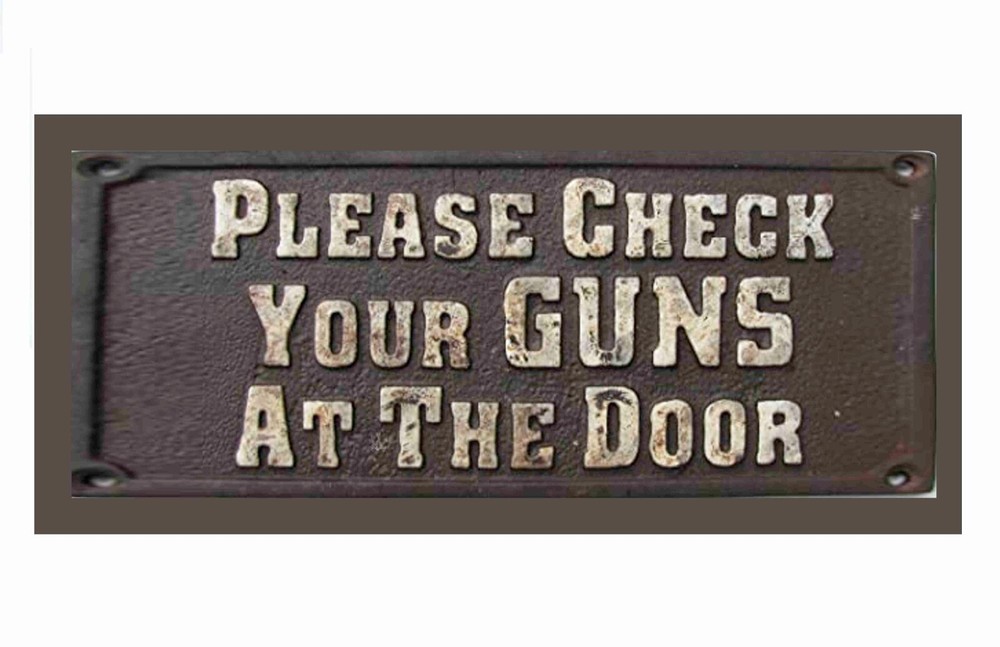 Please check Your Guns At The Door 6 x 16 Inches wooden sign with rope
