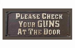 Please check Your Guns At The Door 6 x 16 Inches wooden sign with rope