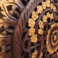 24″ Round Teak Wood Wall Art Hand Carved Floral Mandala Gold Dark Brown RS010