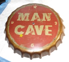 Vintage MAN CAVE TIN SIGN LARGE BOTTLE CAP 14″