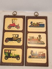 Set Of 2 Vintage 1960s Cars Trains Transportation Wood Wall Plaques Lacquered