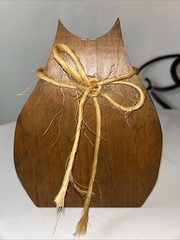 Hand Crafted Wooden Cat With Rope Bow 9”Hx7”Lx.75”W