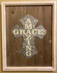 Wood AMAZING GRACE Rustic Silver Tin Cross Lg 18” Ship Lap Sign Christian Decor