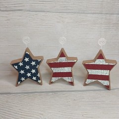 New! 3 STAR Photo Holders Patriotic Americana Sign Table Decor USA July 4 Flag