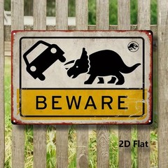 Dinosaur Car Warning Metal Sign Beware Triceratops Vintage Outdoor Wall Decor