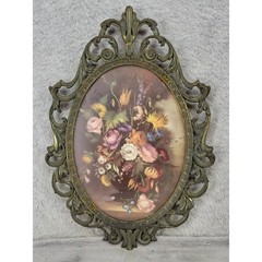 Vintage Made in Italy Brass Ornate Filigree Oval Floral Still Life Wall Plaque