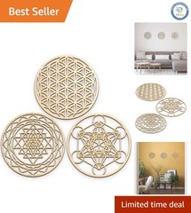 Elegant 12″ Wooden Set of Flower of Life, Sri Yantra & Metatron Cube Art