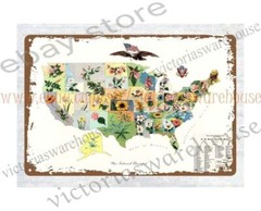 1911 Pictorial Flower Map of the United States metal tin sign stone wall plaques