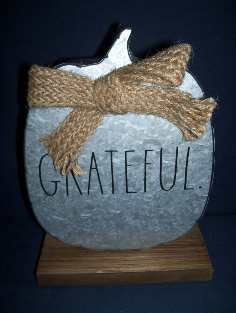 Rae Dunn Metal Grateful Pumkin with Wood Base 2019