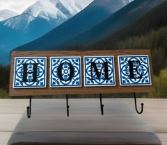 18×6” HOME Wall Hanging Wooden Sign With Hooks For Hats Scarves Blue White