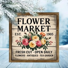Soft Antique Fresh Flower Market Print Framed Living Room Wall Plaque Gift
