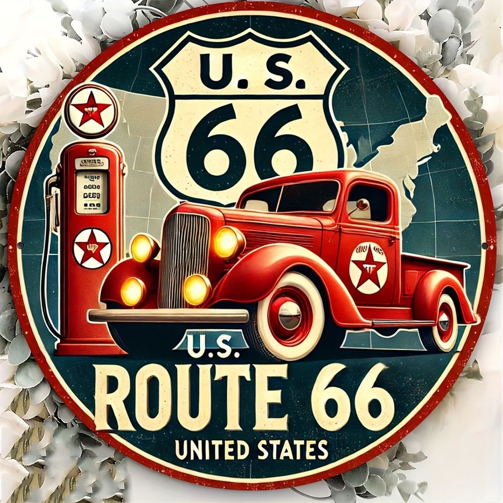 Round US Route 66 Metal Sign Vintage Red Truck Gas Pump Wall Art Decoration Gift