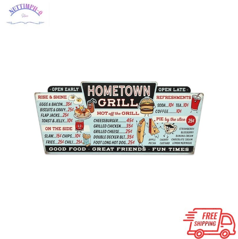Large Metal Hometown Grill Menu Wall Sign, Distressed Kitchen Décor