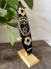 Hawaiian Hand Made 8″ Carved Wood Surfboard w/ Display Stand Engraved Hibiscus
