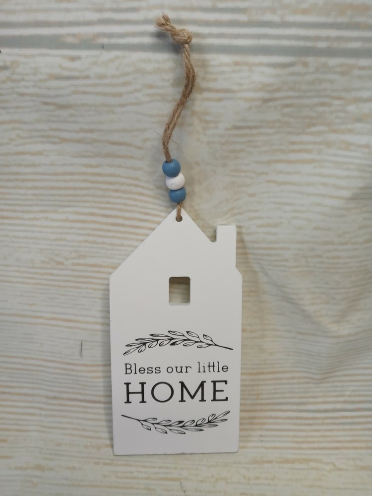 New! “Bless Our Little Home” Wood Hanging Sign Beads Distressed Farmhouse Tag ~