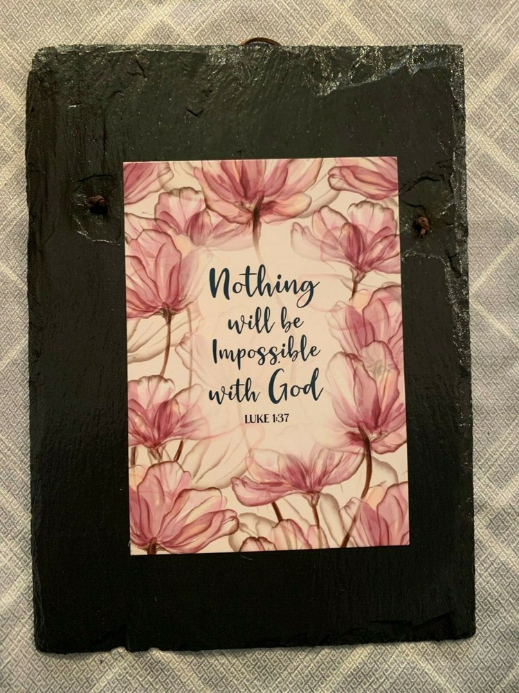 Slate Wall Hanging – “Nothing will be Impossible” with leather hanger 8″ x 11″ R