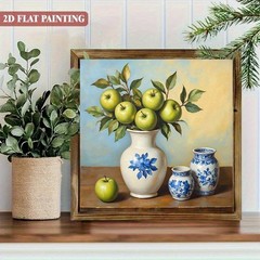 Green Apple Blue White Porcelain Vase Still Life Wooden Plaque Kitchen Decor
