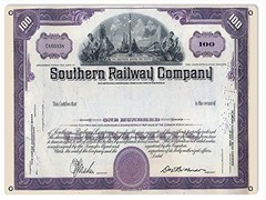 Reproduction Southern Railways Common Stock Certificate Sign 9×12