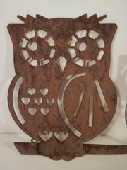 Metal Owl Duo Wall Decor Stencil Style Flat Rustic Brown Turquoise Patina 18×10