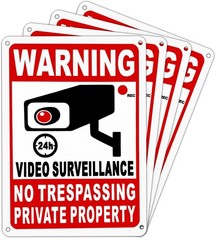 4-Pack 24-Hour Stainless Steel Aluminum Video Surveillance Signs, 10 x 7 Inch