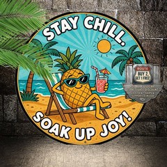 Funny Lounging Pineapple Holiday Sign Round 8×8 inch Island Vibe Tin Wall Decor