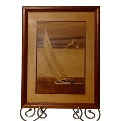 Vtg JEFF NELSON Marquetry Wood Wall Plaque Inlaid Decor Sail Boat Hudson River